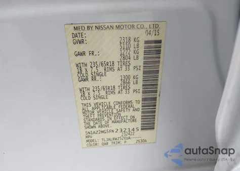 2015 Nissan Murano Sl из США, поврежденный, VIN 5N1AZ2MG5FN232145